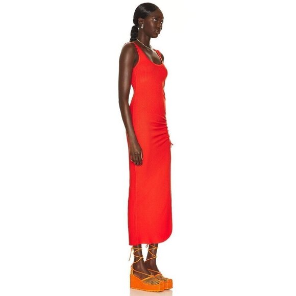 The Range Alloy Rib Cinched Bodycon Midi Dress Fuego Red Orange Womens Medium - Picture 3 of 13